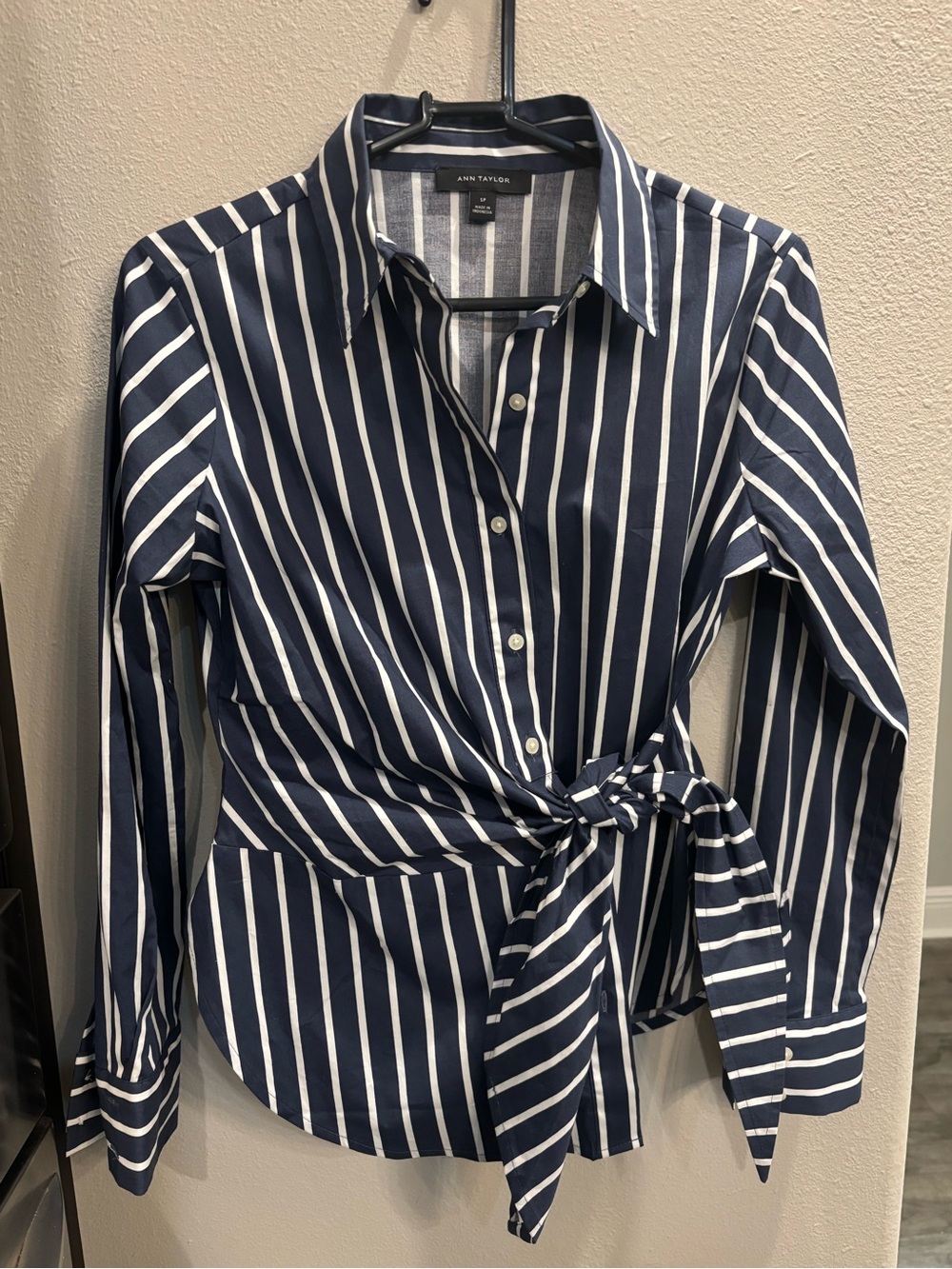 Ann Taylor Navy and White Striped Wrap-Tie Button Down Shirt